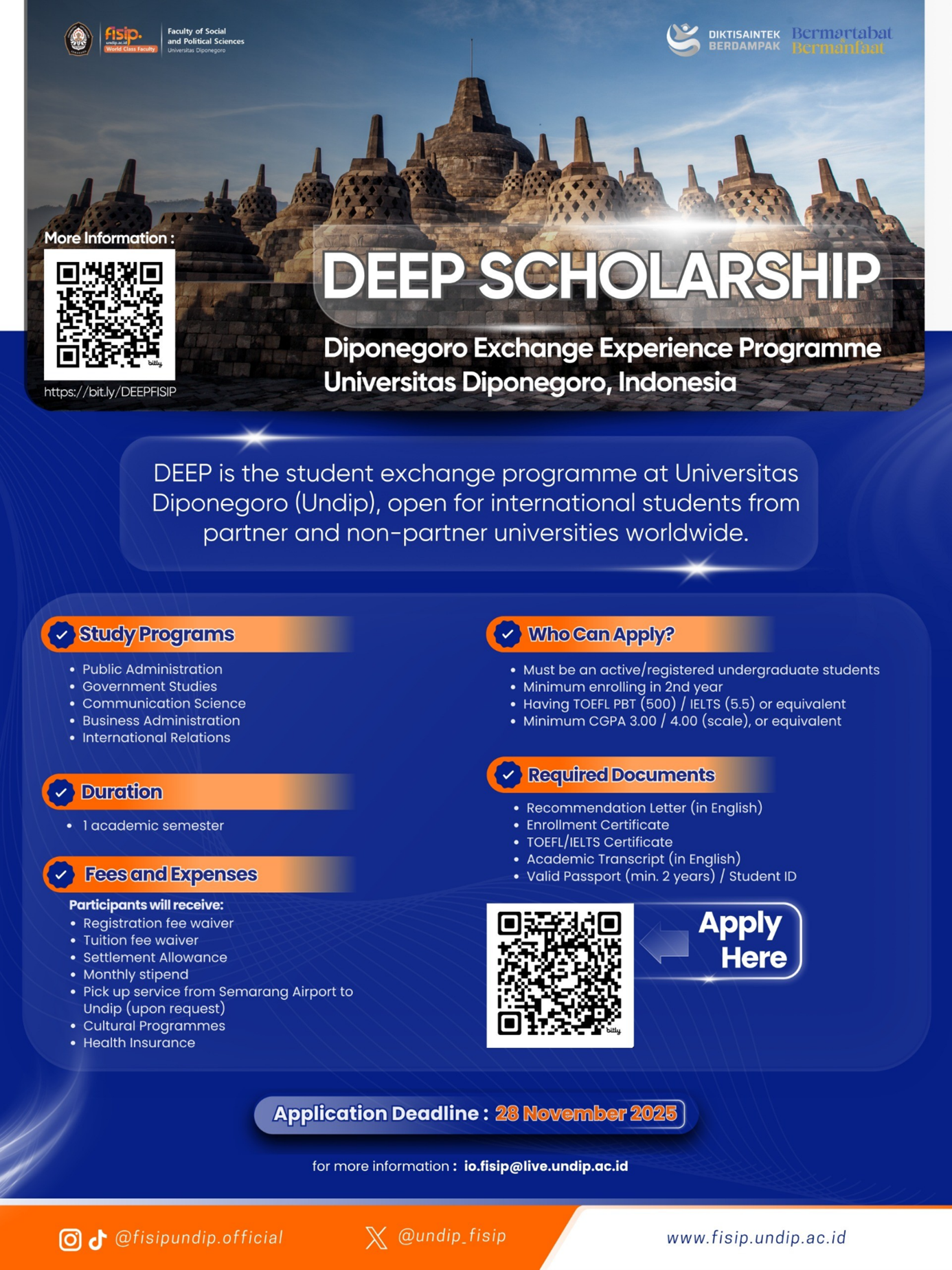 Университетът Universitas Diponegoro (UNDIP) обявява прием за DEEP Scholarship 2026